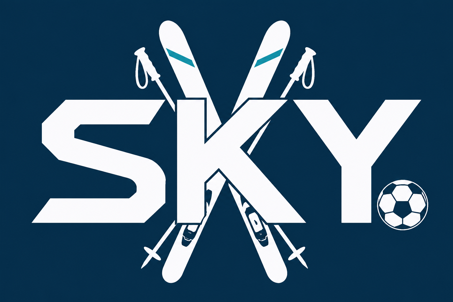 Sky logo with crossed skis, ski poles, and a football