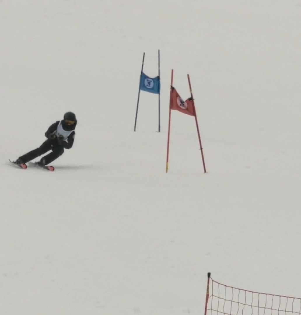 Sky skiing through race gates on a snowy slope